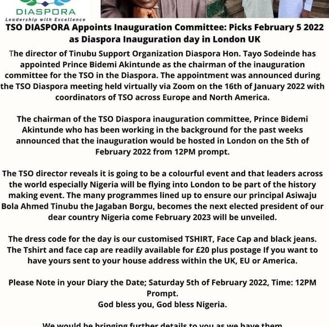TSO DIASPORA Appoints Inauguration Committee: Picks February 5 2022 as Diaspora Inauguration day in London UK